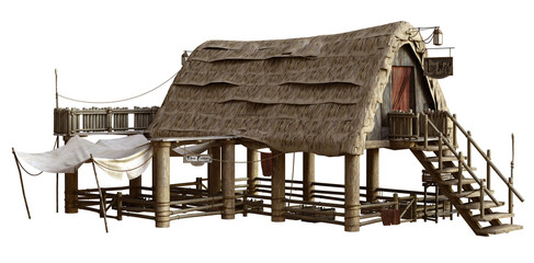 3D rendered old Caribbean house and structure - 3D illustration