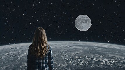 Girl looks at a moon above a planet in a dark starry sky.