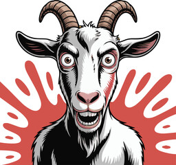 Cartoon goat illustration with crazy eyes and red background for kids and adults art