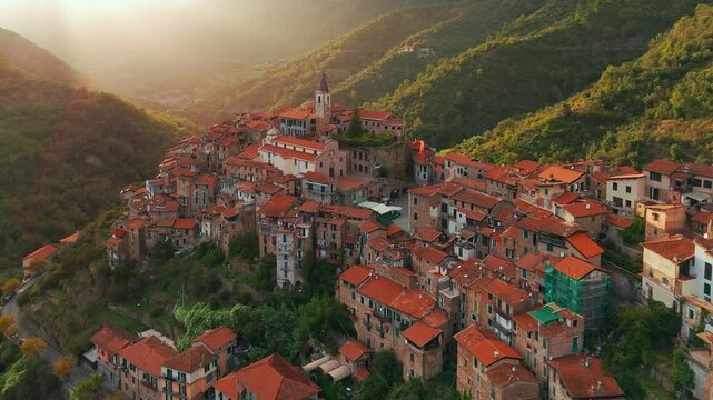 Aerial view of the picturesque hilltop town of Apricale, Liguria, Northern Italy
