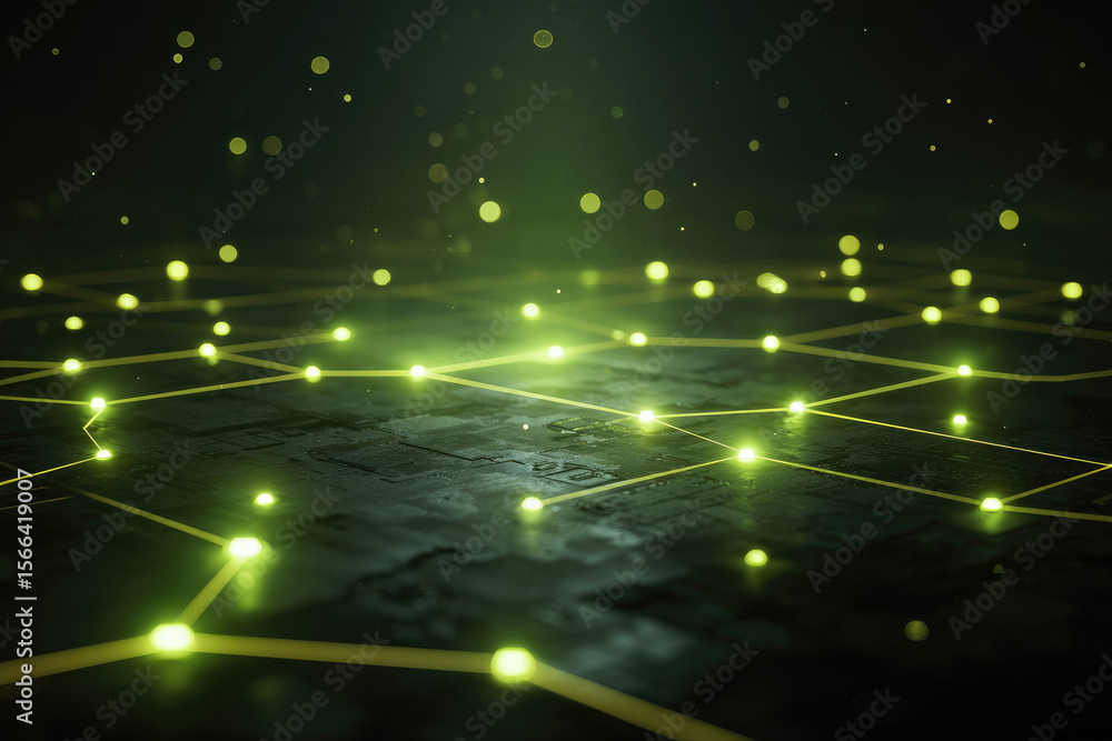 Aufkleber glowing network grid digital connection futuristic technology abstract background neural links green