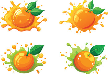Four orange fruit illustrations with various colorful juice splashes background