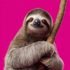 Sloth holding the wood on the vibrant pink background