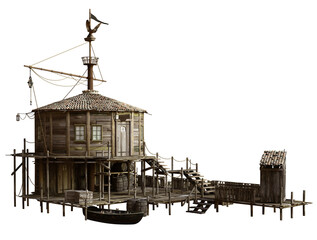 3D rendered old Caribbean house and structure - 3D illustration