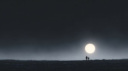 Silhouette of two figures standing on a horizon line under a bright moon.