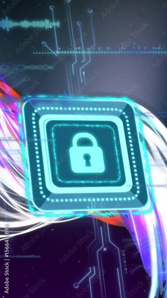 Poster animation of digital data processing and padlock on dark background