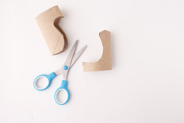 step in creative project, top down view of cut out from empty recycled toilet paper roll,...