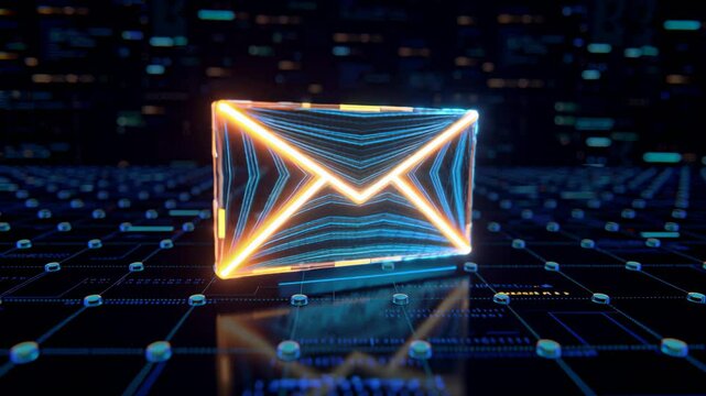 A glowing envelope letter icon on a digital background with circuit patterns. Represents communication, technology, and digital messages.