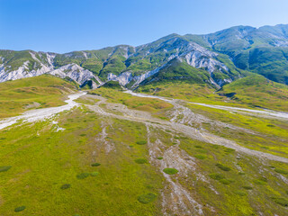 Italy 03 July 2025: aerial view from the drone of the Campo Imperatore plateau in the province of...