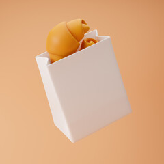 Falling paper bag with plain croissants isolated over orange background. 3D rendering.