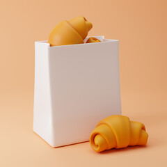 Paper bag with plain croissants isolated over orange background. 3D rendering.