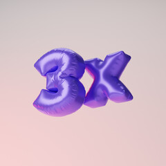 Inflated purple 3x symbol isolated over pink background. 3D rendering.