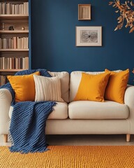 Beige loveseat sofa with orange pillows and a blanket, placed against a blue wall with a wooden bookcase. Scandinavian interior design of a modern living room, Generative AI