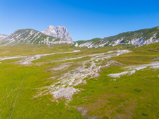 Italy 03 July 2025: aerial view from the drone of the Campo Imperatore plateau in the province of...