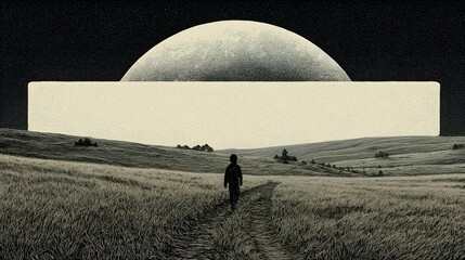 Person walks on path in field with large geometric shape and moon.