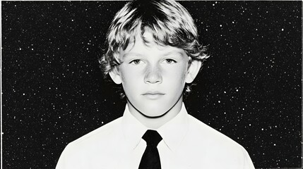 Young boy in shirt and tie portrait against dark background.
