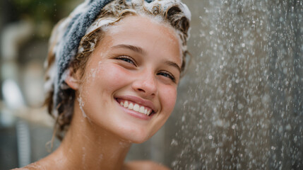 Obraz premium Close-up of young woman laughing with eyes sparkling, white shampoo suds covering her head, water trickling down her cheeks, intimate and refreshing moment of personal care hygiene