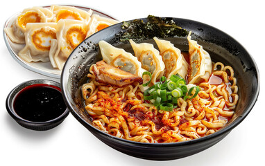 Piping hot ramen served with a side of crispy gyoza and dipping sauce, isolated on white.