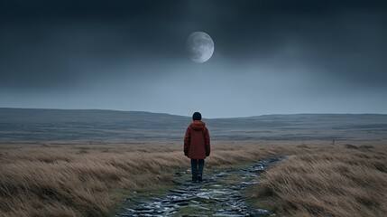 Person in red coat stands in field under cloudy sky with a moon.