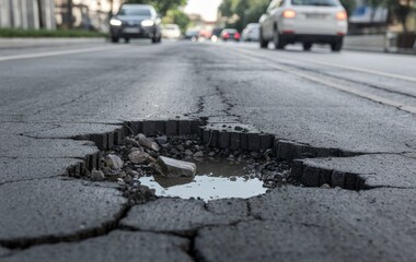 A close-up of a pothole in the middle of the road