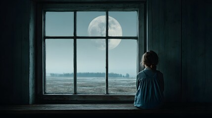Child sits at window looking at moon over landscape in dark room.