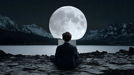Person sits in front of a large moon on a rocky shore at night.