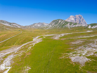 Italy 03 July 2025: aerial view from the drone of the Campo Imperatore plateau in the province of...