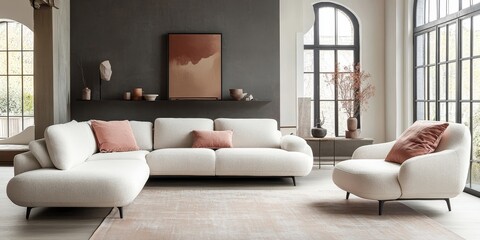 White sofa and armchair with pink cushions, placed against a grey wall. Scandinavian interior design for a modern living room, Generative AI