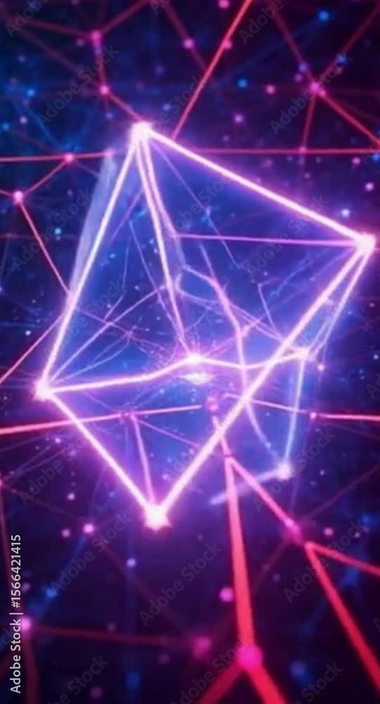 Poster abstract network with neon lines and geometric shape in center