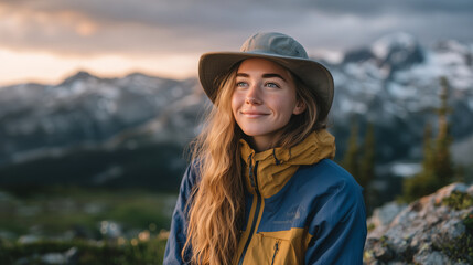 Windswept young woman in hiking gear smiles calmly with closed eyes on rocky outcrop, distant snow-capped peaks under glowing clouds enhancing the majestic mood empowerment, beauty