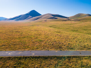 Italy 03 July 2025: aerial view from the drone of the Campo Imperatore plateau in the province of...