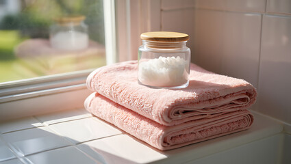 Soft pink towels with crystal jar on tiled surface isolated on a transparent background