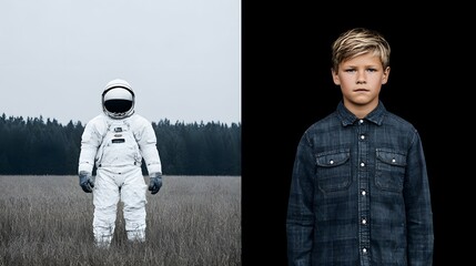 Collage of astronaut in field and boy in shirt against black background.