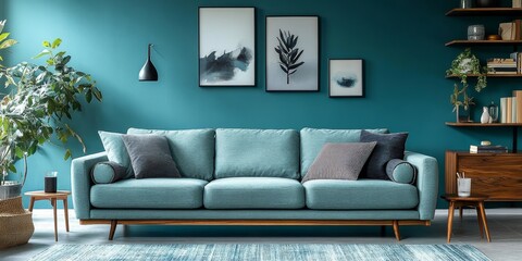 Light turquoise sofa with a wooden shelving unit, placed near a teal wall. Scandinavian interior design for a modern stylish living room, Generative AI