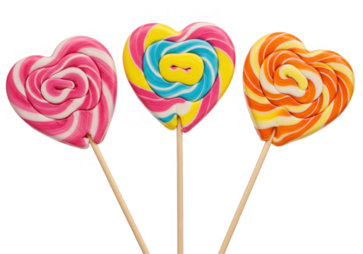 A trio of heartshaped lollipops isolated on transparent background offers a sweet and colorful valentines day treat