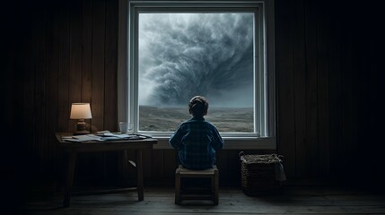 Boy sits facing window watching storm in dark room with desk and lamp.