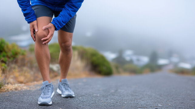 Runner on asphalt trail with compression sleeve on knee, doubled over in pain, hands gripping injured leg, early morning fog hanging over the path endurance tested, outdoor injury - Powered by Adobe