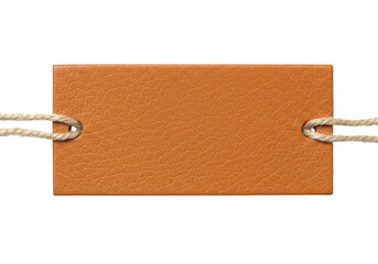 A brown leather tag with a smooth texture is attached to a light brown rope, isolated on transparent background
