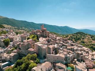 Italy 03 July 2025: aerial view from the drone of the medieval village of Castel del Monte in the province of L'Aquila in Abruzzo. Here you can breathe peace and quiet immersed in uncontaminated natur