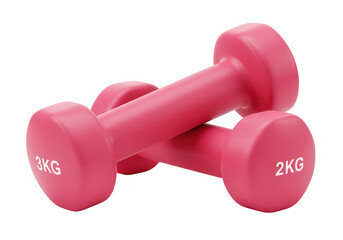 Obraz premium A pair of pink dumbbells, one 3kg and one 2kg, are stacked on top of each other, isolated on transparent background