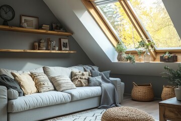 Cozy sofa placed near a skylight window, with a grey wall and wooden shelf nearby. Scandinavian interior design for a modern stylish living room in an attic, Generative AI