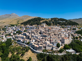 Italy 03 July 2025: aerial view from the drone of the medieval village of Castel del Monte in the province of L'Aquila in Abruzzo. Here you can breathe peace and quiet immersed in uncontaminated natur