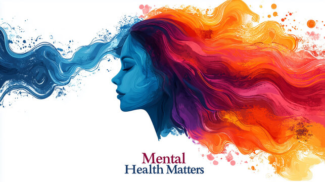 Vibrant artistic representation highlighting the importance of mental health featuring a woman's silhouette with flowing colorful hair