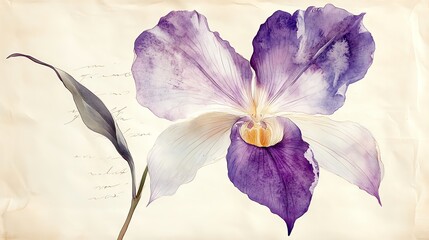 ultraelegant watercolor painting of a rare Paphiopedilum orchid in ivory white and royal purple