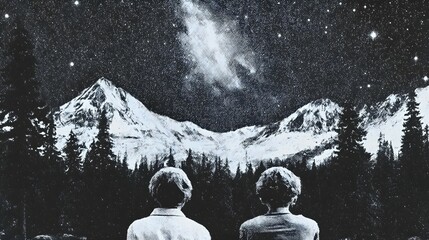 Two people looking at stars and mountains in a black and white landscape.