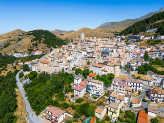 Italy 03 July 2025: aerial view from the drone of the medieval village of Castel del Monte in the province of L'Aquila in Abruzzo. Here you can breathe peace and quiet immersed in uncontaminated natur
