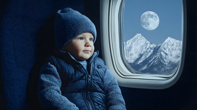 Child in blue clothing looks out airplane window at mountains and moon.
