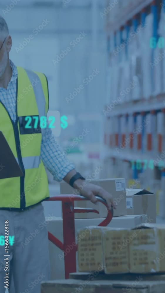 Poster animation of digital data processing over caucasian man working in warehouse