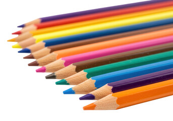 Fototapeta premium A row of colored pencils arranged in a rainbow spectrum, isolated on a transparent background, showcasing vibrant art supplies