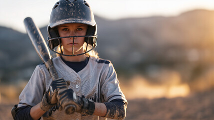 Girl in softball gear stands on dusty field with soft warm sunlight outlining her silhouette, bat resting on shoulder, expression unreadable but focused youth sports, summer compet